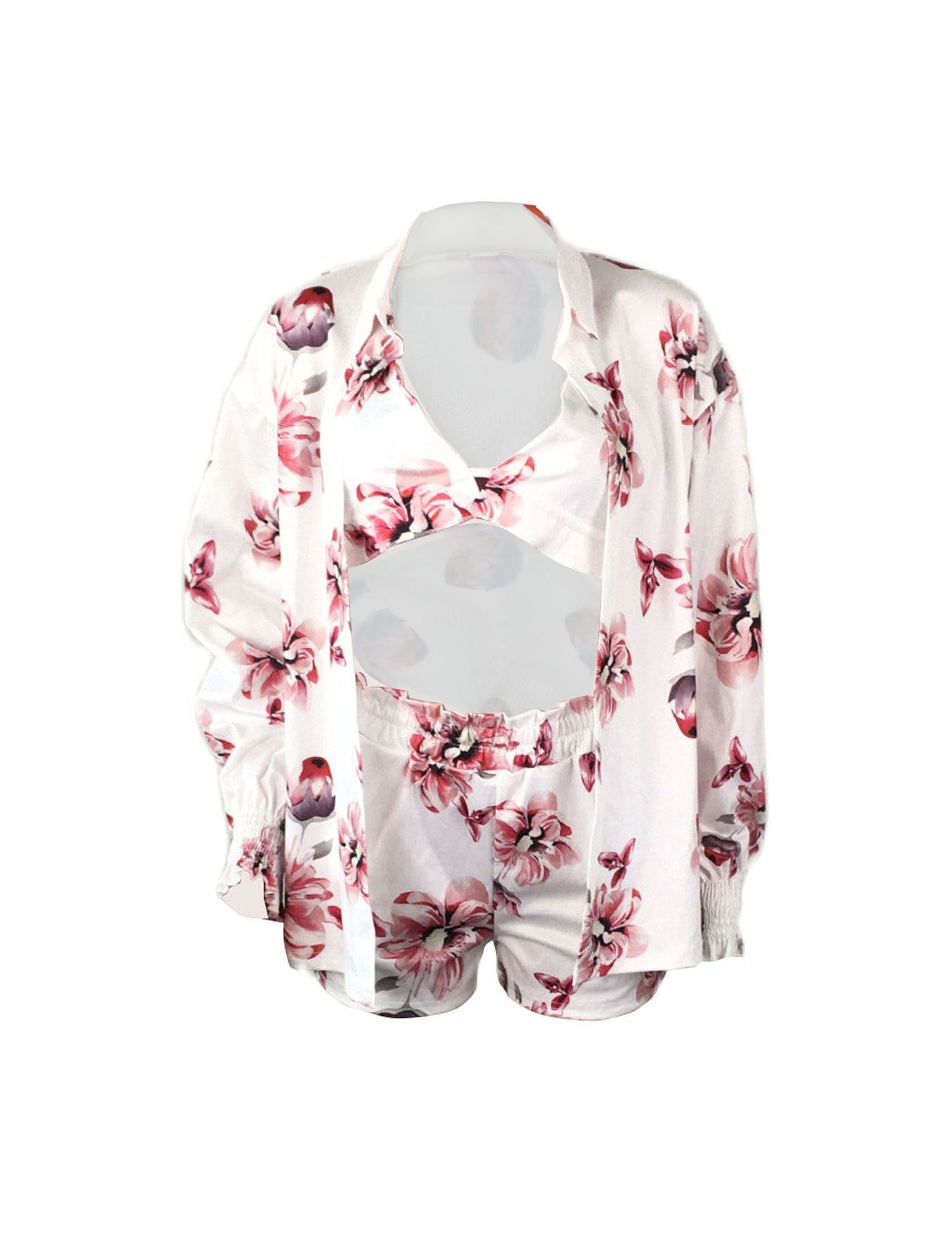 LADIES THREE PIECE SWIMWEAR COVER UPS & SHORTS WHITE (SIZE S - 2XL)