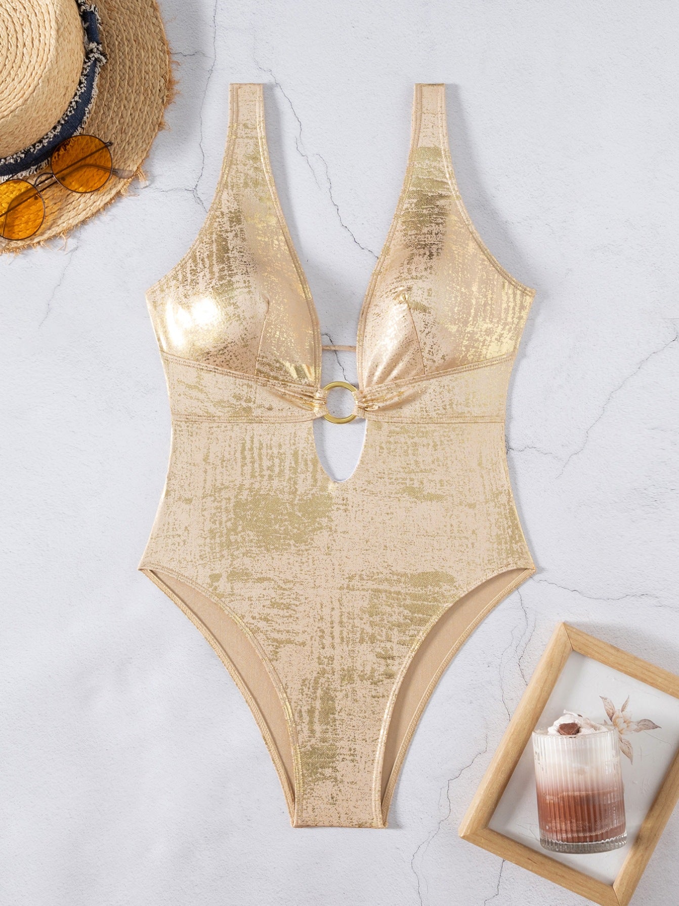 LADIES ONE PIECE LACE UP SWIMSUIT GOLD / BLACK-BRONZE / GRAY (SIZE S - L)