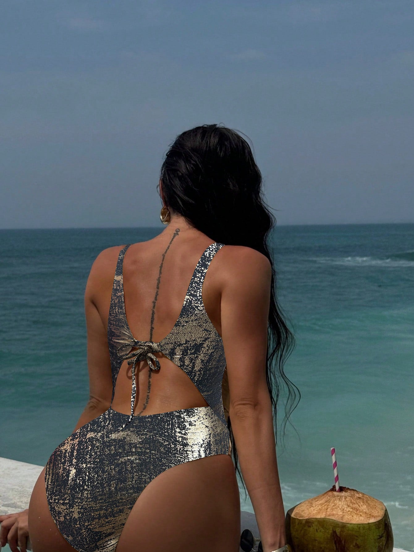 LADIES ONE PIECE LACE UP SWIMSUIT GOLD / BLACK-BRONZE / GRAY (SIZE S - L)
