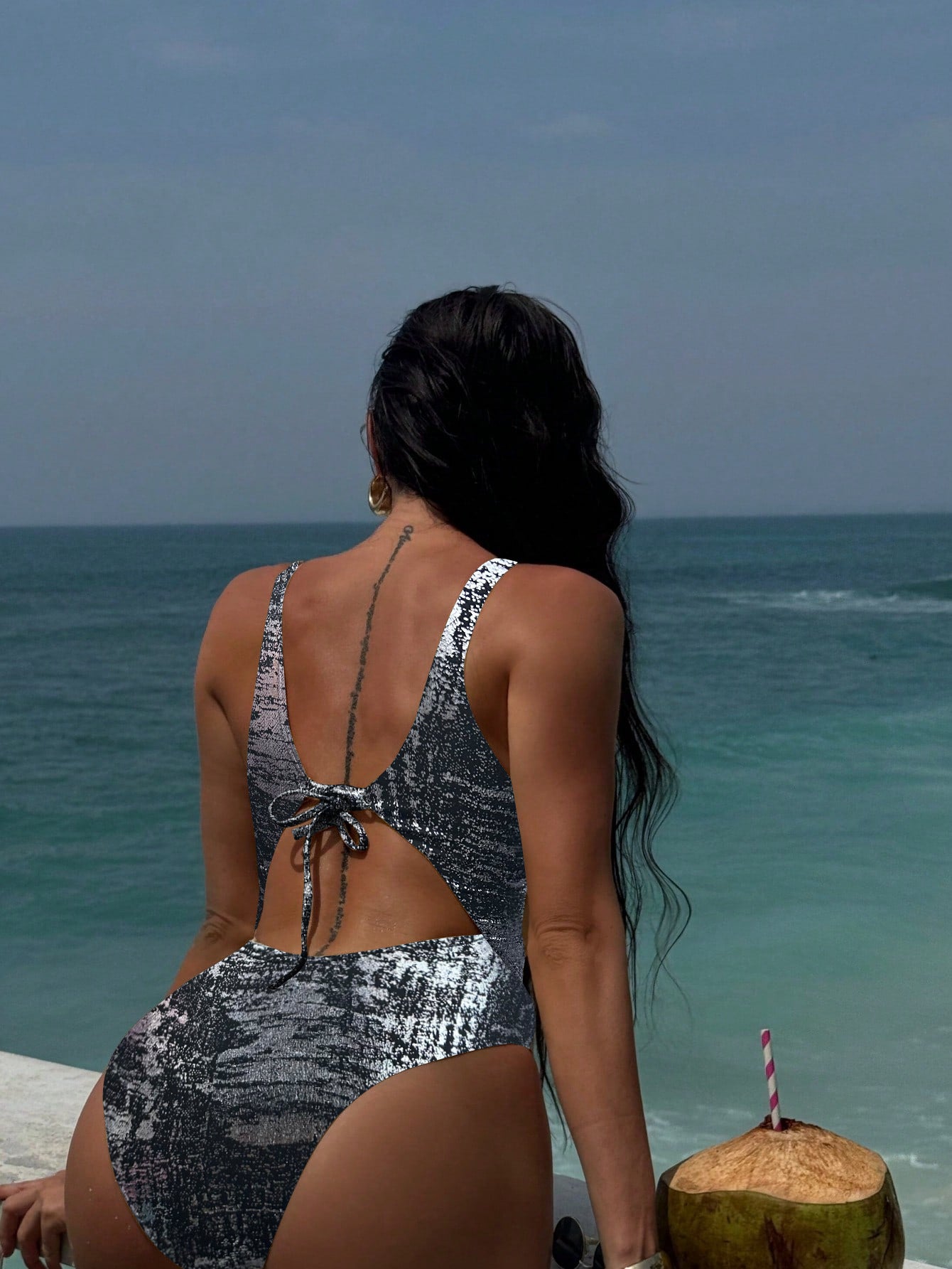 LADIES ONE PIECE LACE UP SWIMSUIT GOLD / BLACK-BRONZE / GRAY (SIZE S - L)