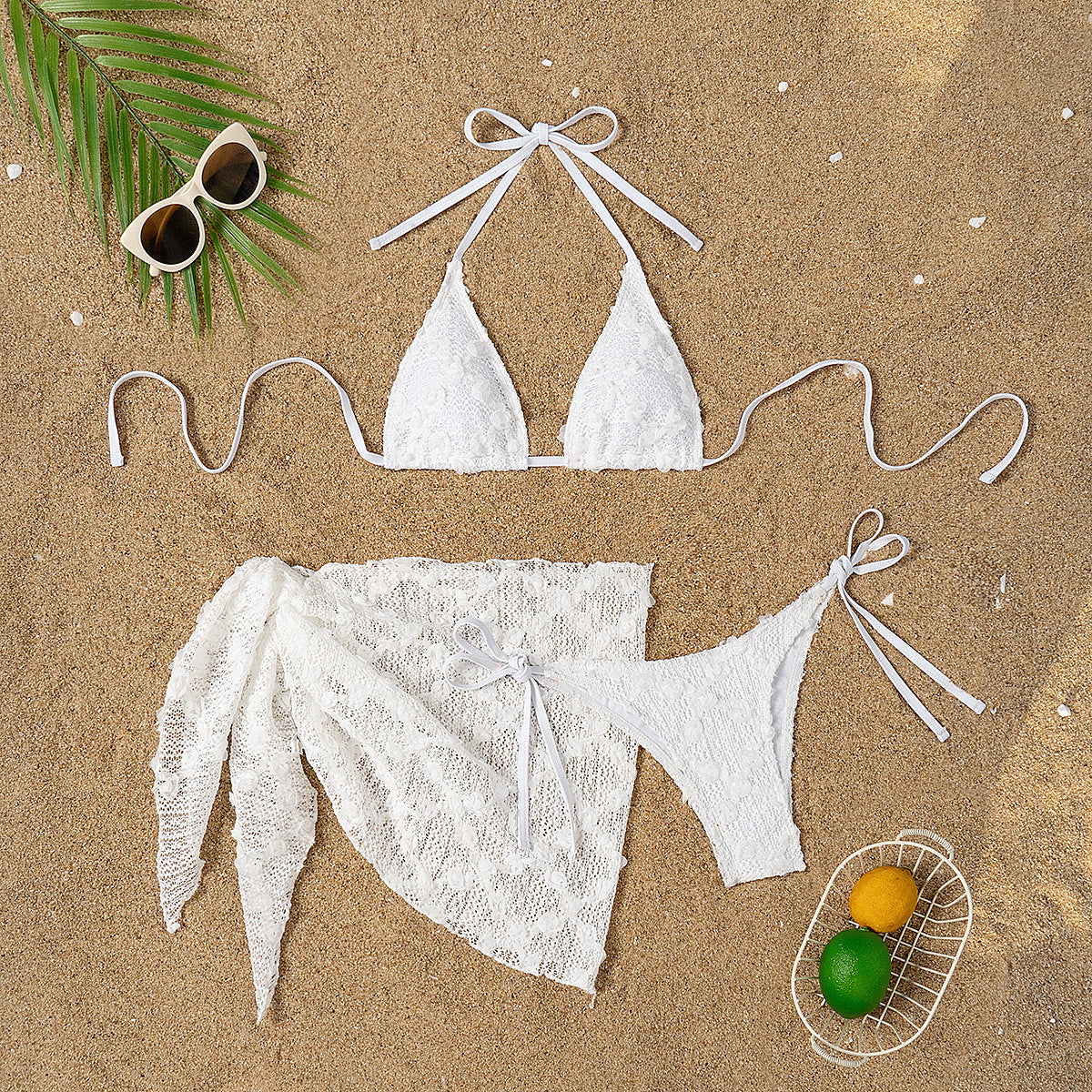 LADIES THREE PIECE BIKINI SWIMWEAR BEACHWEAR SET WHITE (SIZE S - L)