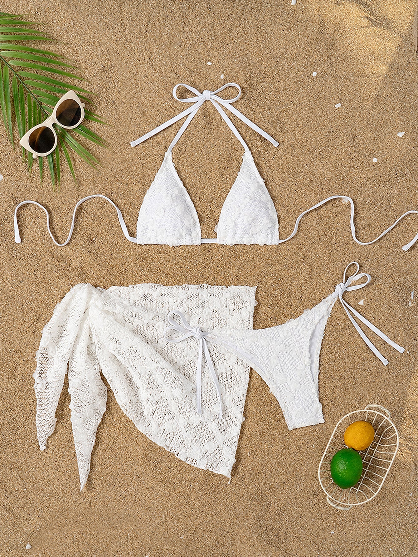 LADIES THREE PIECE BIKINI SWIMWEAR BEACHWEAR SET WHITE (SIZE S - L)