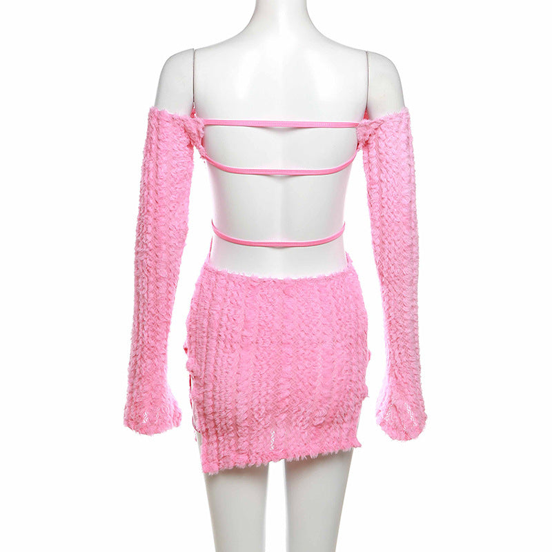 LADIES OFF-THE SHOULDER MINI DRESS PINK / BLACK (SIZE S - L)