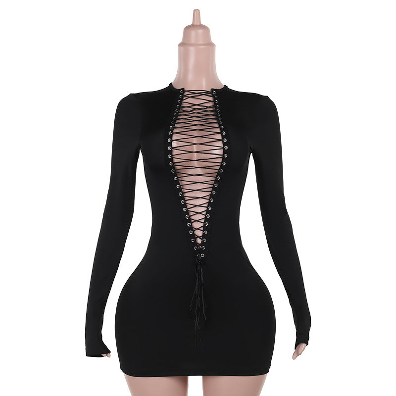 LADIES LONG SLEEVE BODYCON DRESS BLACK (SIZE S - L)