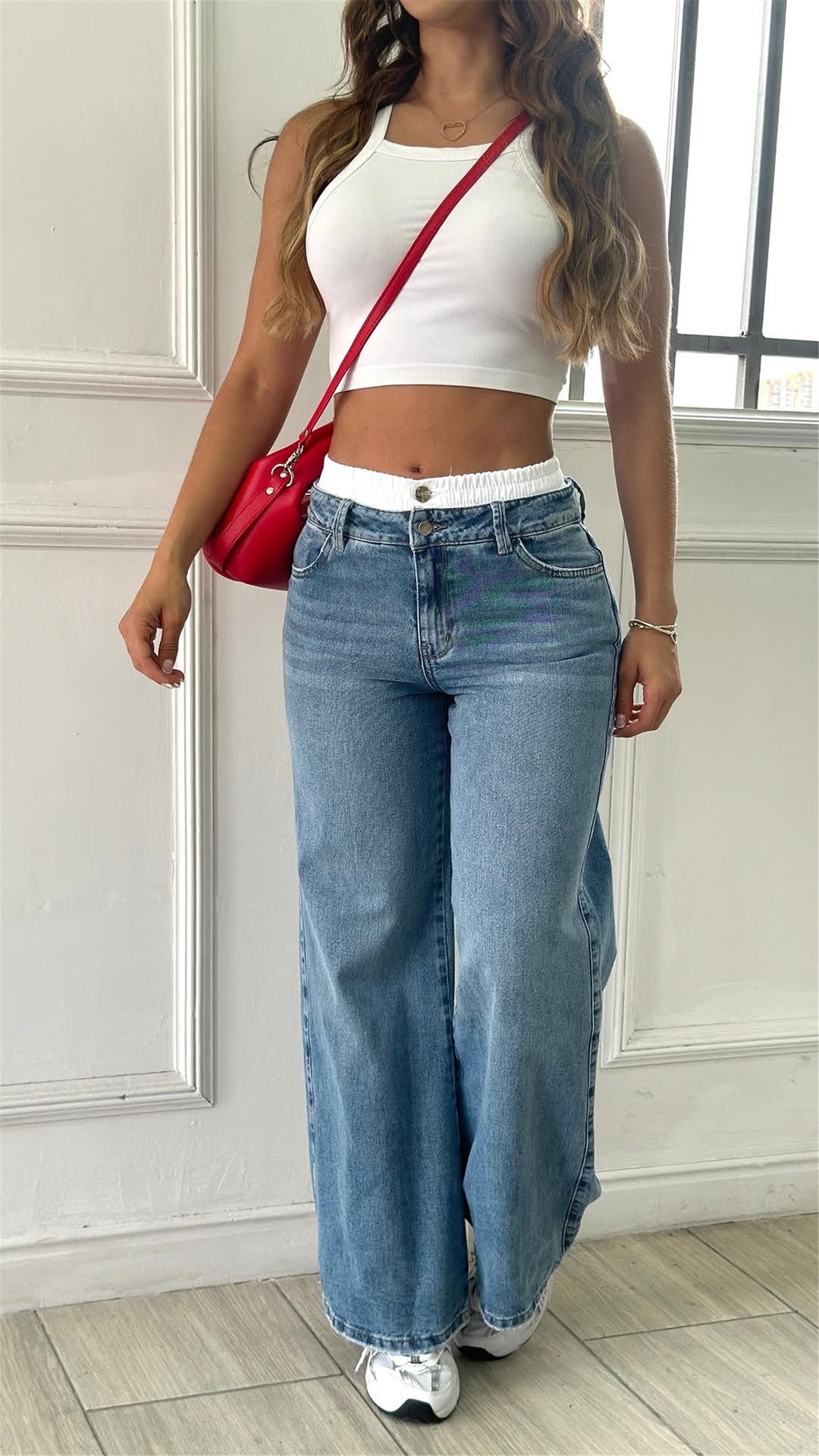 LADIES WIDE LEG DENIM PANTS LIGHT BLUE DENIM / BLUE DENIM / BLACK (SIZE S - 2XL)