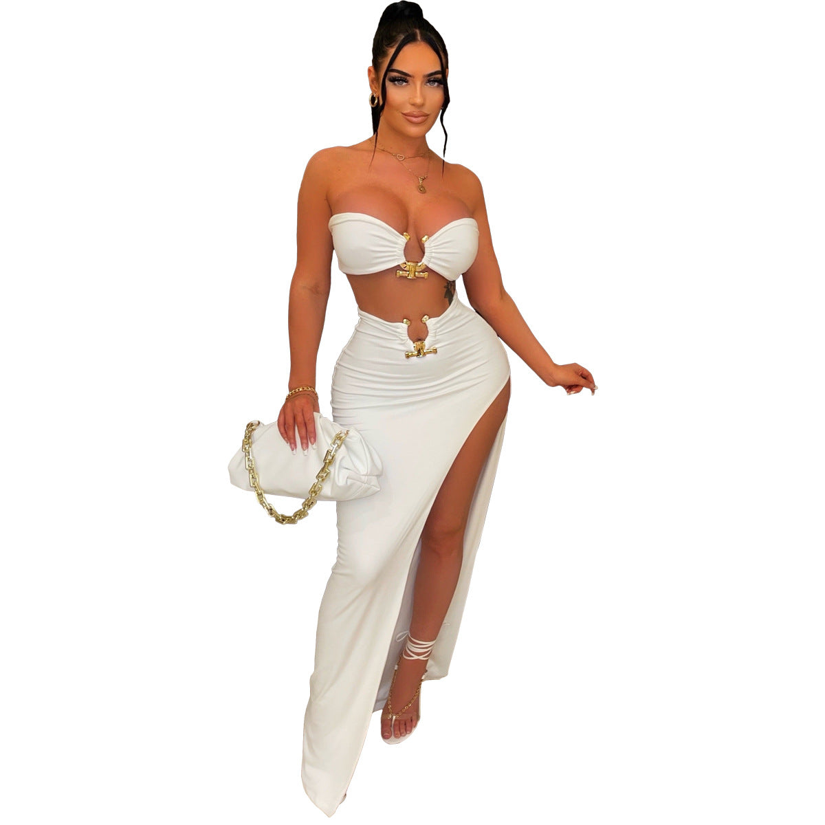 LADIES TWO PIECE SKIRT & TOP SET WHITE / BLACK / WHITE & BLACK (SIZE S - 2XL)