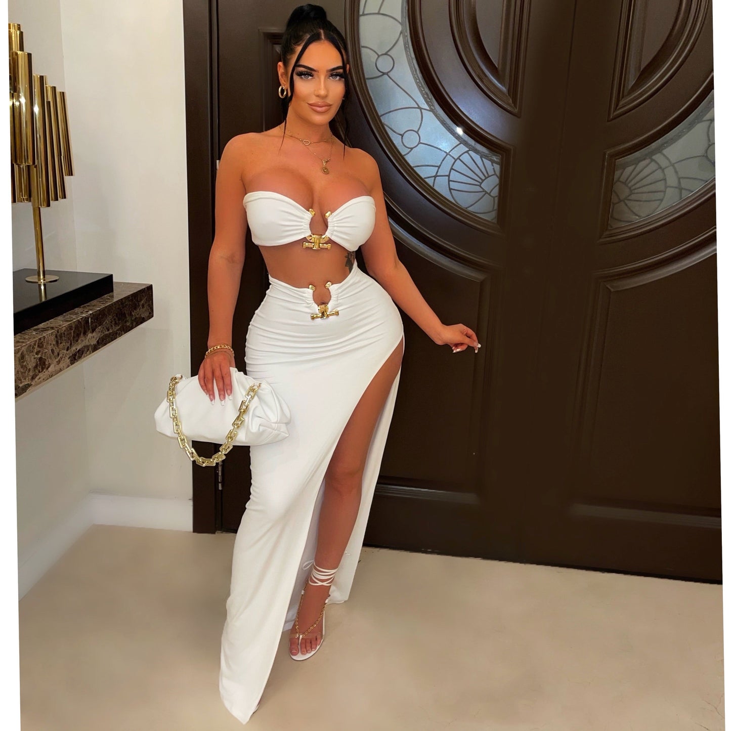 LADIES TWO PIECE SKIRT & TOP SET WHITE / BLACK / WHITE & BLACK (SIZE S - 2XL)