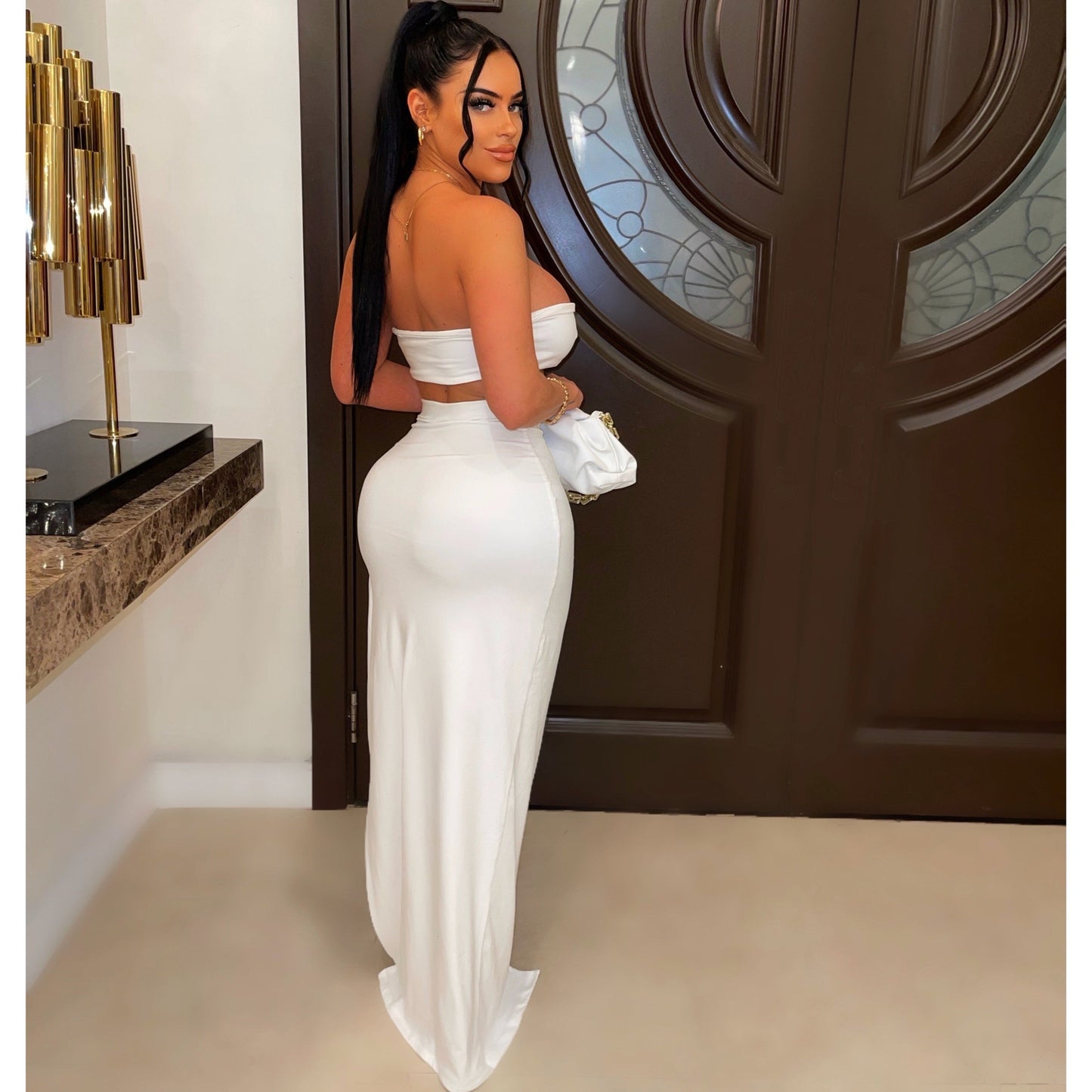 LADIES TWO PIECE SKIRT & TOP SET WHITE / BLACK / WHITE & BLACK (SIZE S - 2XL)