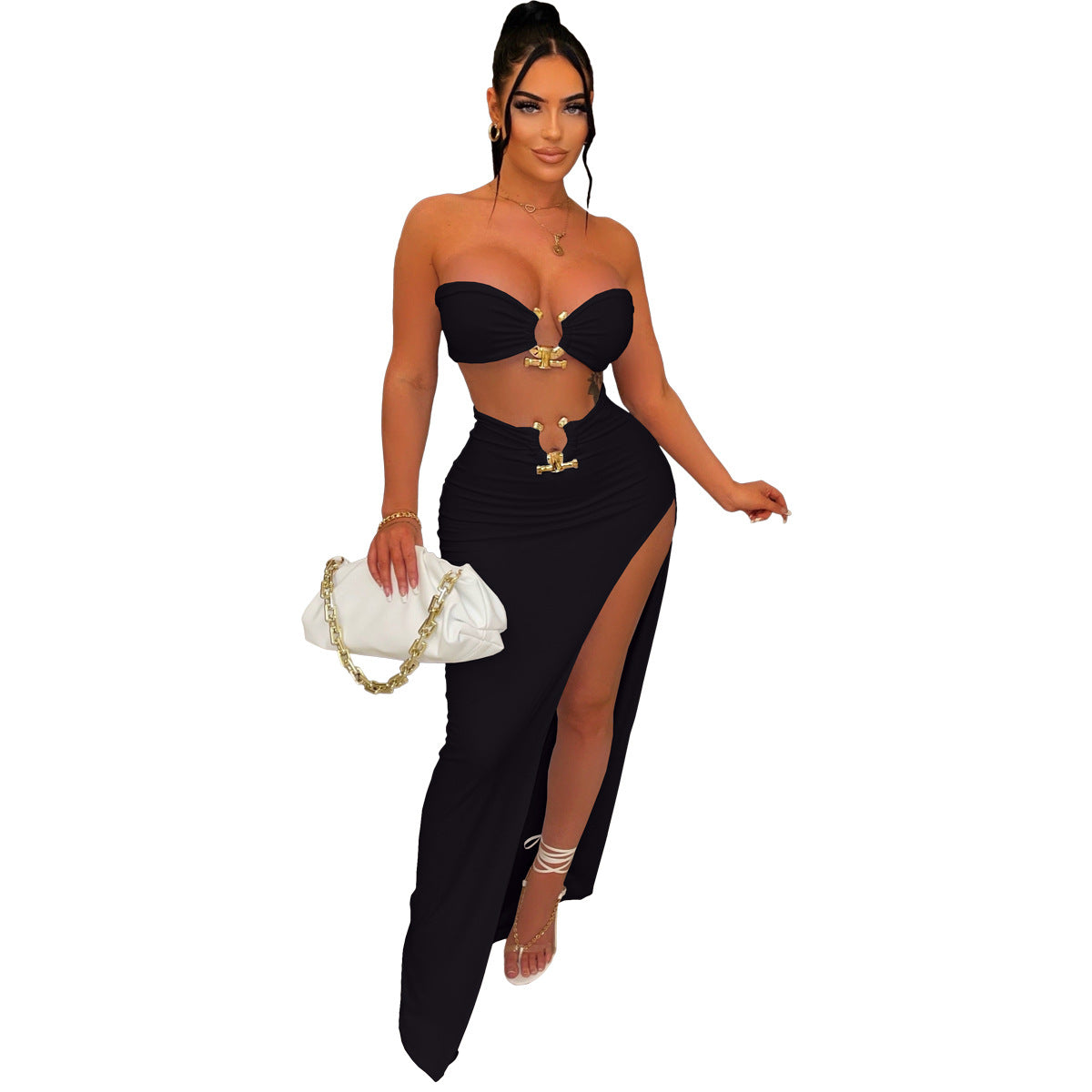 LADIES TWO PIECE SKIRT & TOP SET WHITE / BLACK / WHITE & BLACK (SIZE S - 2XL)