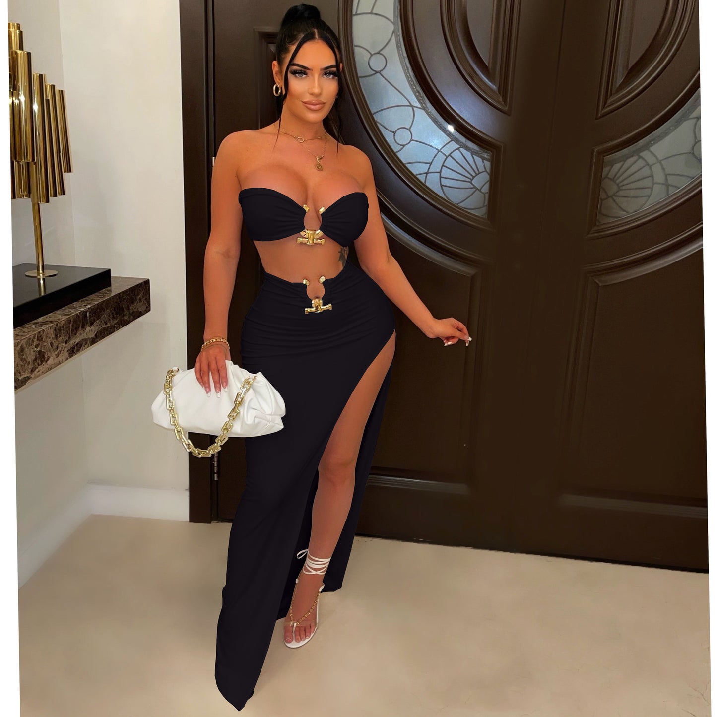 LADIES TWO PIECE SKIRT & TOP SET WHITE / BLACK / WHITE & BLACK (SIZE S - 2XL)
