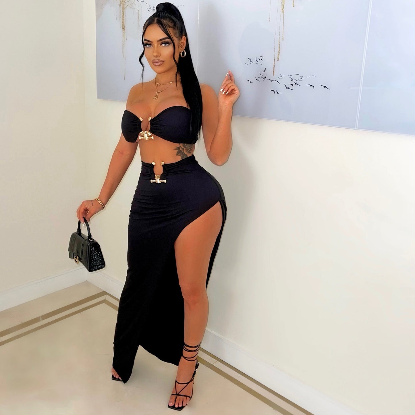 LADIES TWO PIECE SKIRT & TOP SET WHITE / BLACK / WHITE & BLACK (SIZE S - 2XL)