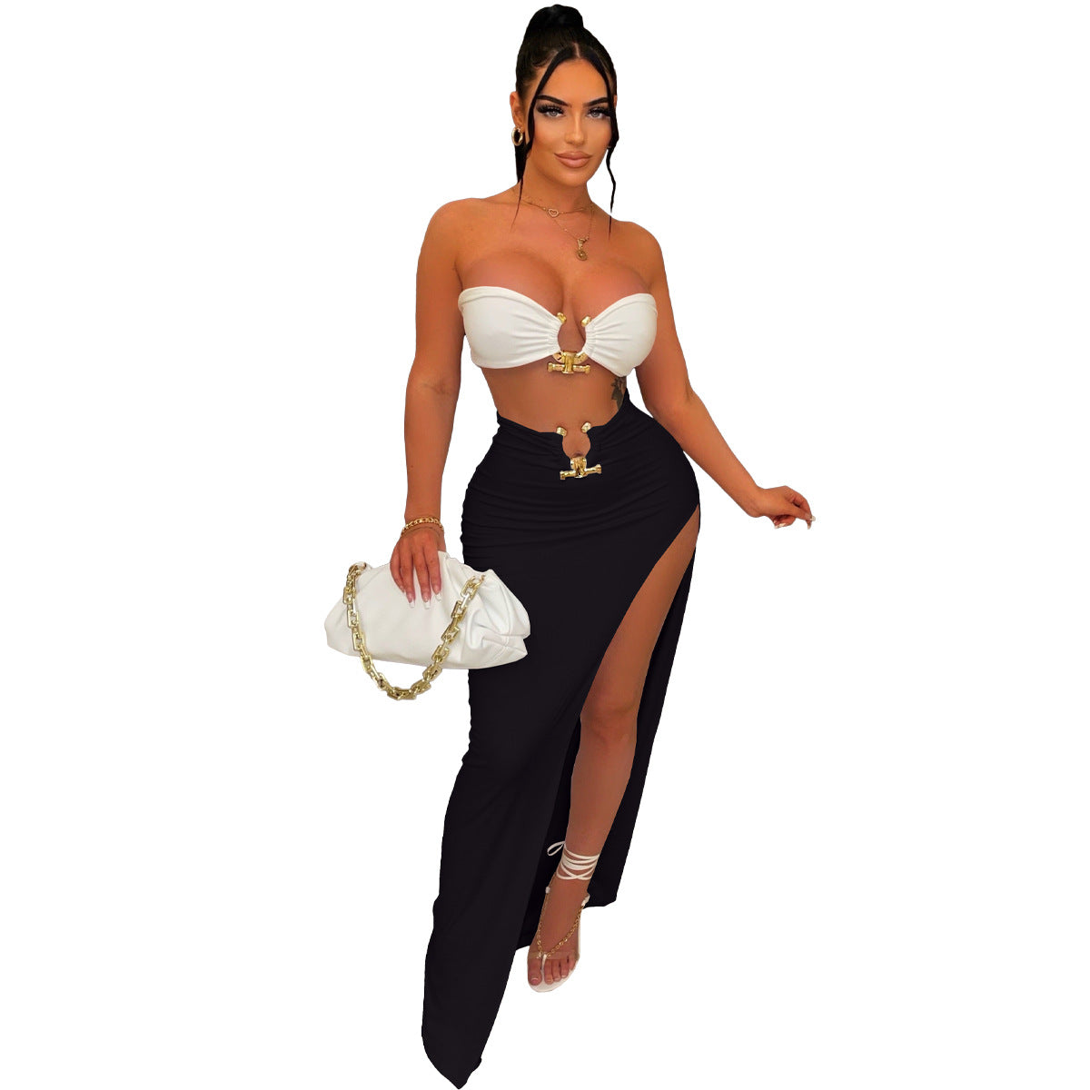 LADIES TWO PIECE SKIRT & TOP SET WHITE / BLACK / WHITE & BLACK (SIZE S - 2XL)