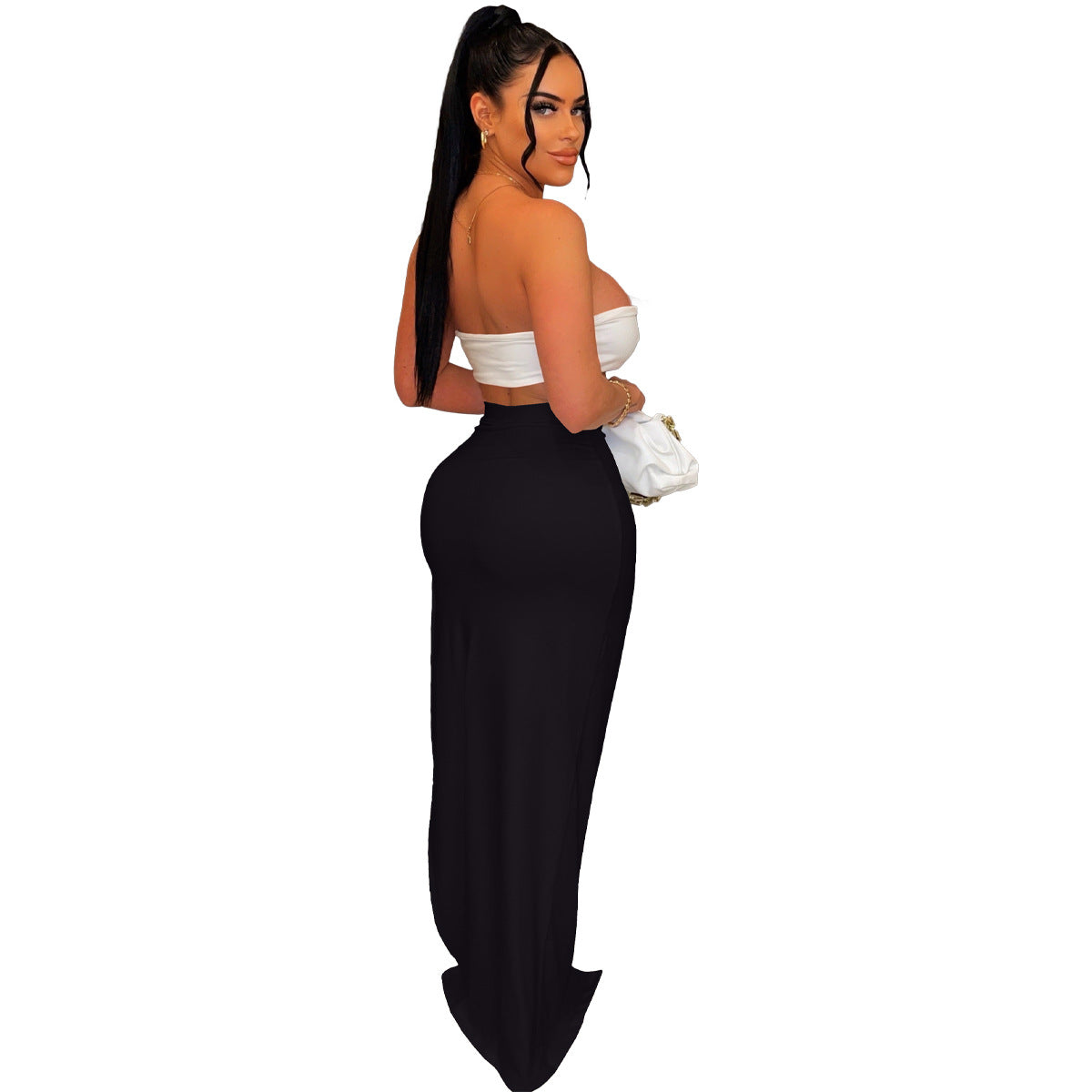 LADIES TWO PIECE SKIRT & TOP SET WHITE / BLACK / WHITE & BLACK (SIZE S - 2XL)
