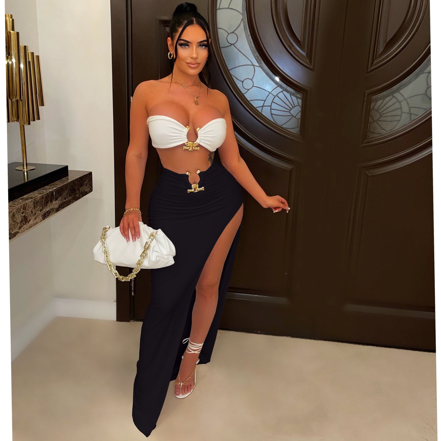 LADIES TWO PIECE SKIRT & TOP SET WHITE / BLACK / WHITE & BLACK (SIZE S - 2XL)