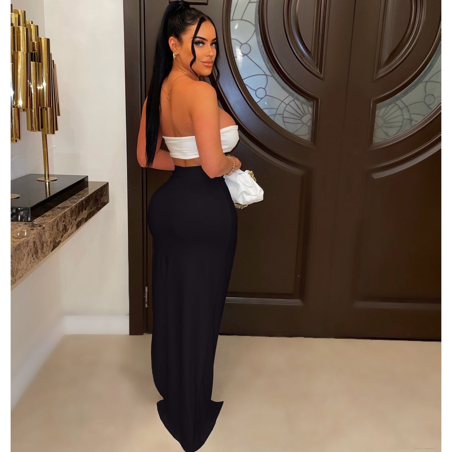LADIES TWO PIECE SKIRT & TOP SET WHITE / BLACK / WHITE & BLACK (SIZE S - 2XL)