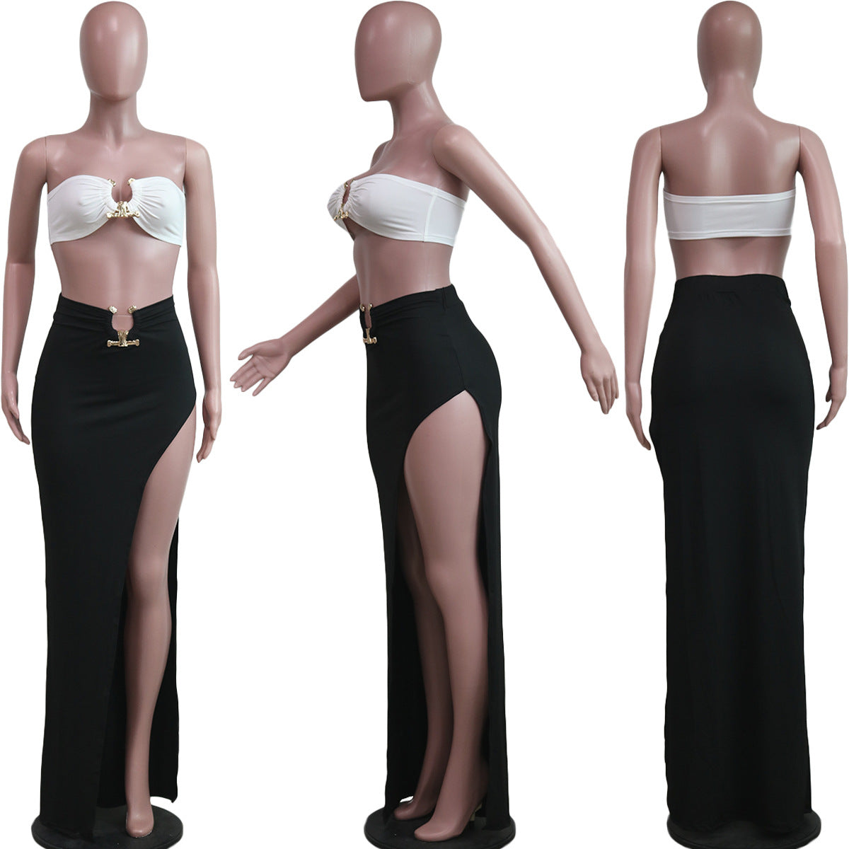 LADIES TWO PIECE SKIRT & TOP SET WHITE / BLACK / WHITE & BLACK (SIZE S - 2XL)