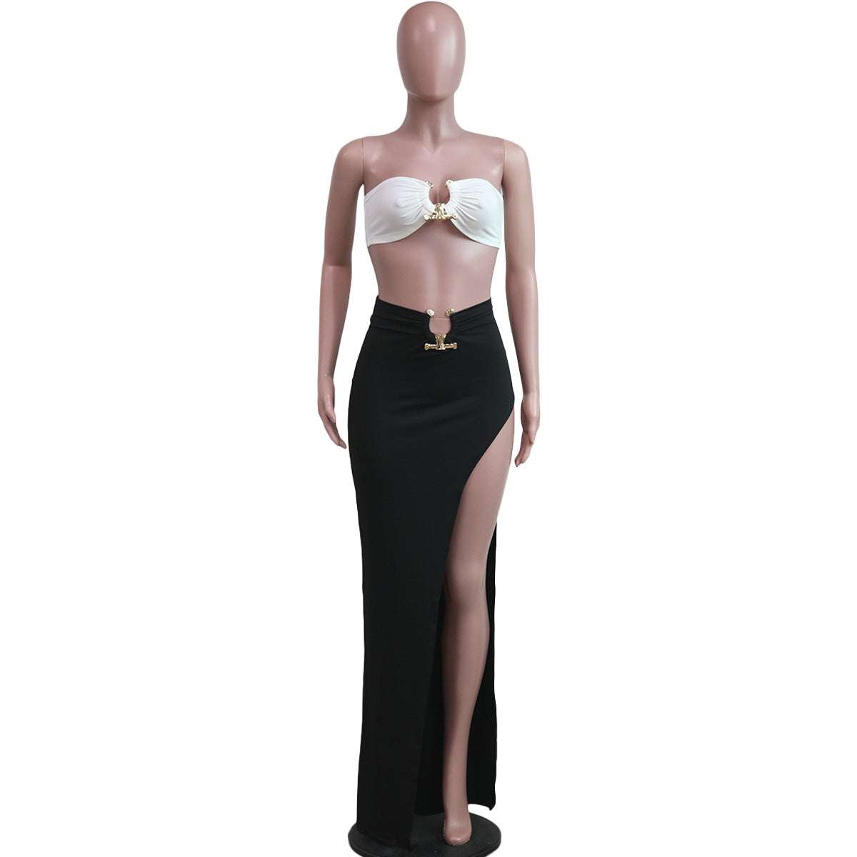 LADIES TWO PIECE SKIRT & TOP SET WHITE / BLACK / WHITE & BLACK (SIZE S - 2XL)