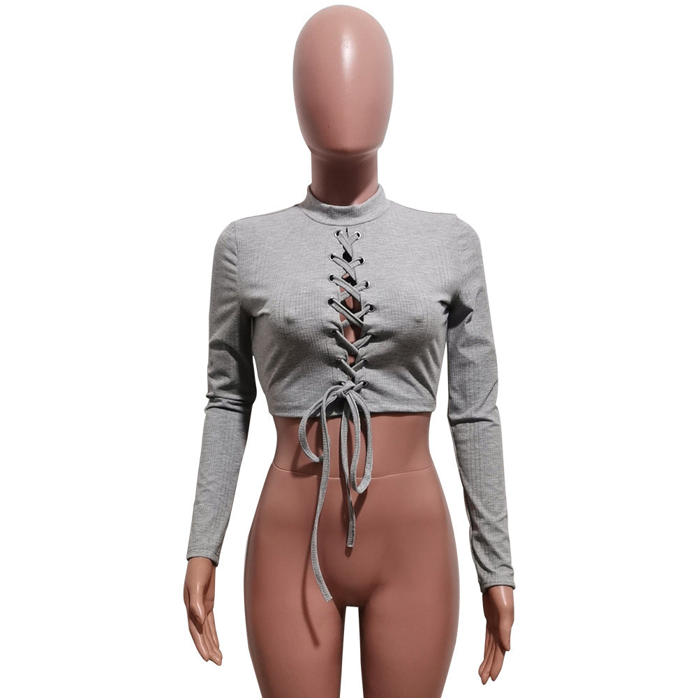 LADIES LONG SLEEVE LACE UP CROPPED TOP LIGHT GRAY (SIZE S - XL)