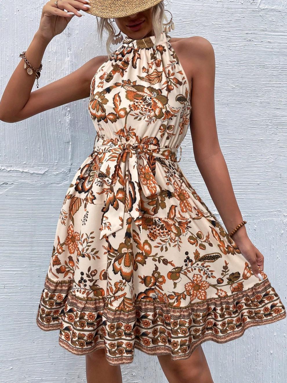 LADIES HALTERNECK SLEEVELESS MINI DRESS BROWN / BLUE / RED / GREEN (SIZE S - 2XL)