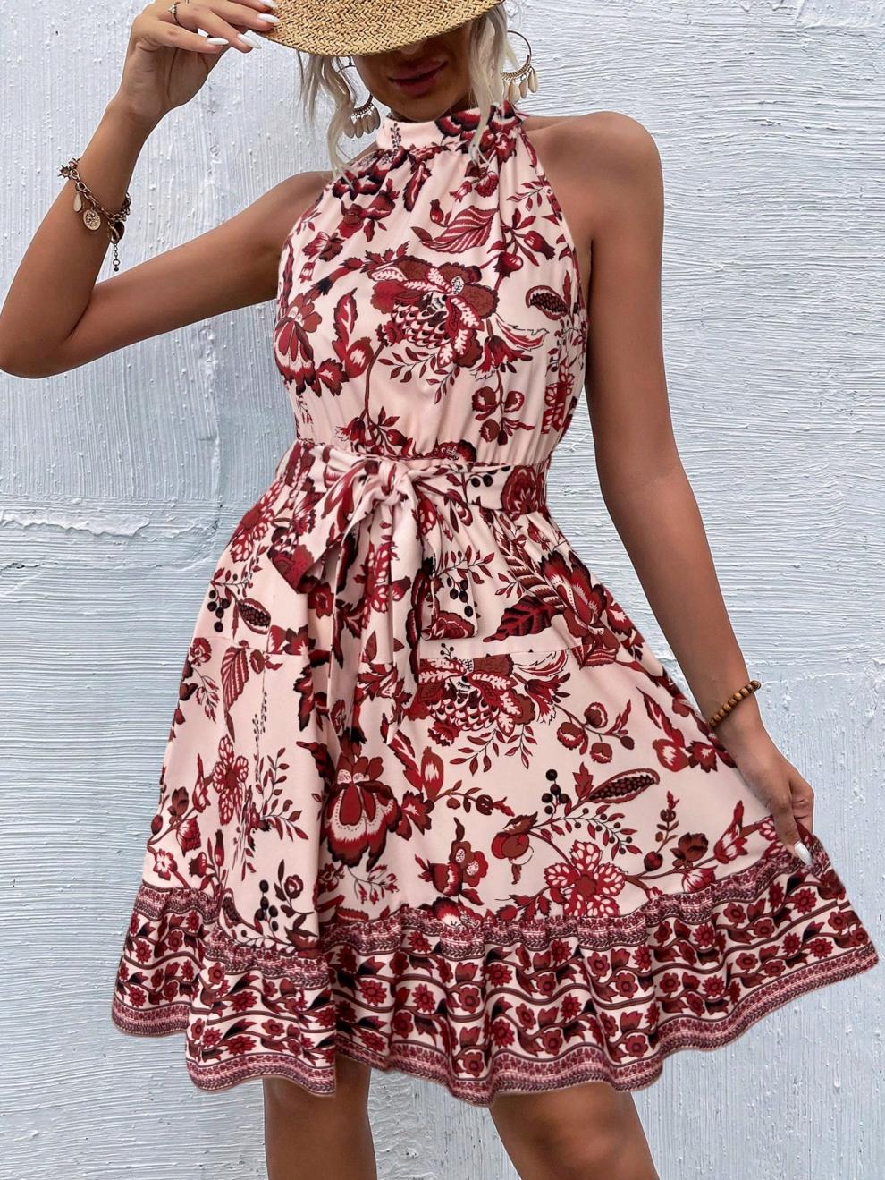 LADIES HALTERNECK SLEEVELESS MINI DRESS BROWN / BLUE / RED / GREEN (SIZE S - 2XL)