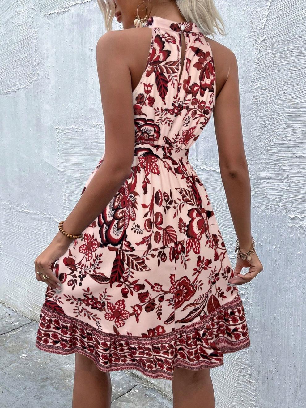 LADIES HALTERNECK SLEEVELESS MINI DRESS BROWN / BLUE / RED / GREEN (SIZE S - 2XL)