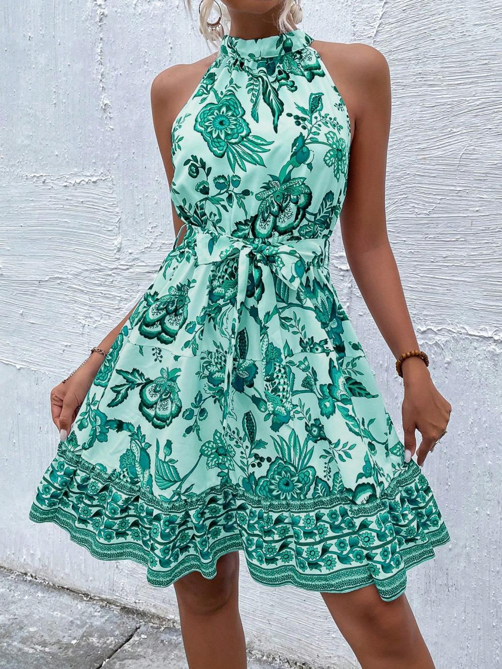 LADIES HALTERNECK SLEEVELESS MINI DRESS BROWN / BLUE / RED / GREEN (SIZE S - 2XL)