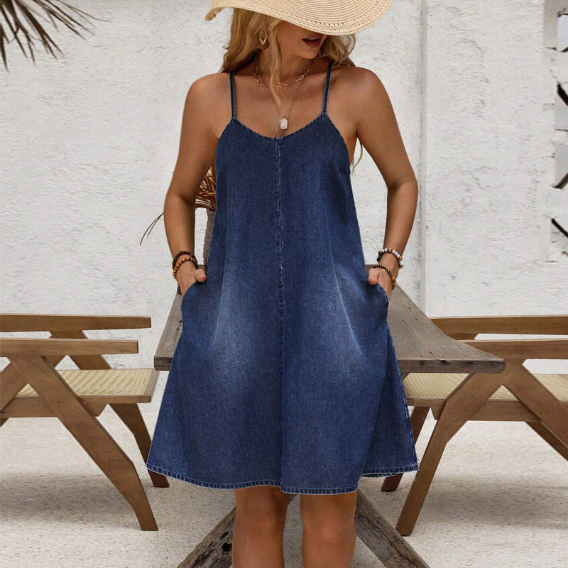 LADIES CASUAL DENIM DRESS DARK BLUE DENIM (SIZE S - 2XL)