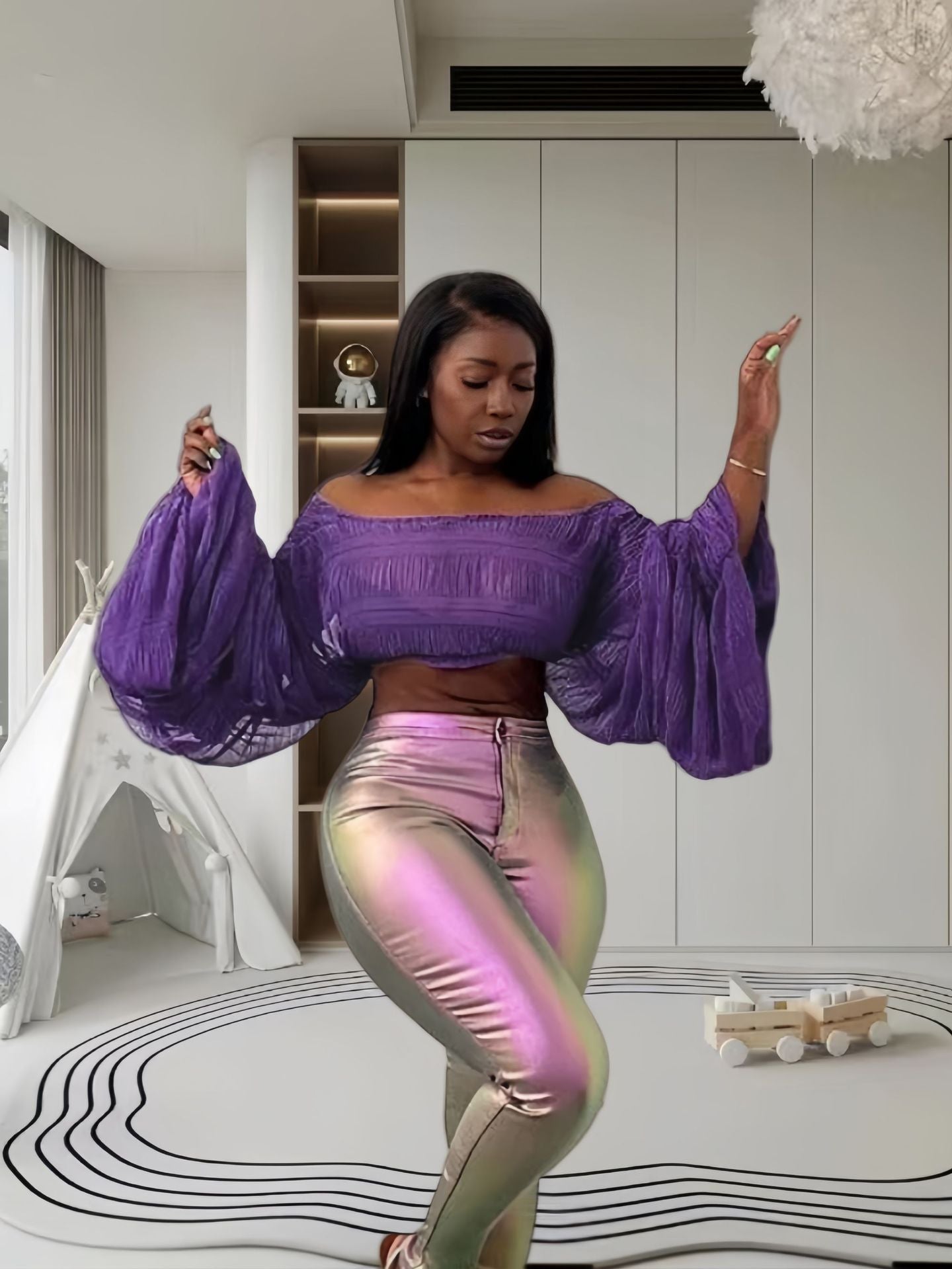 LADIES LONG SLEEVE CROP TOP PURPLE (SIZE S - XL)