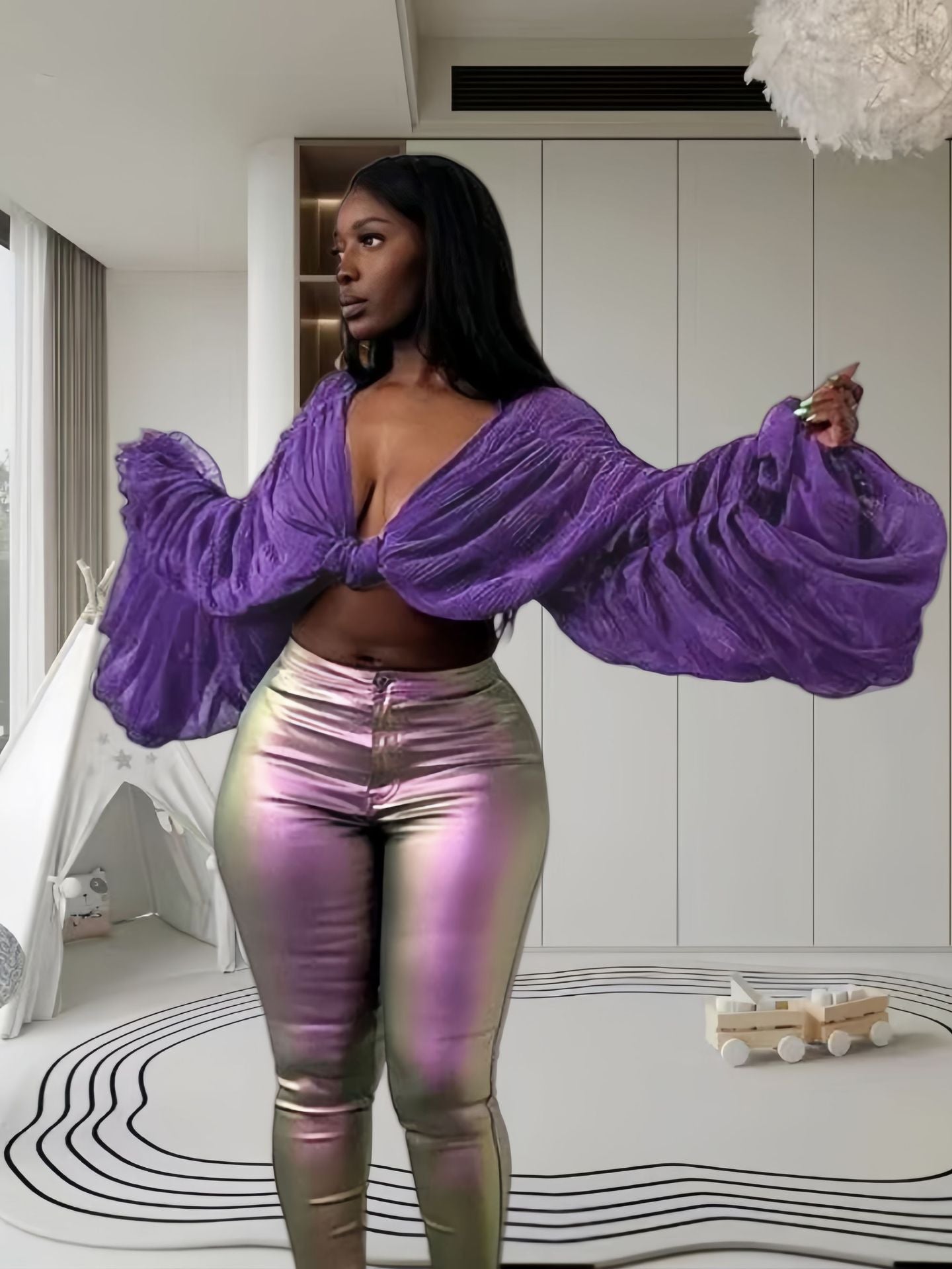 LADIES LONG SLEEVE CROP TOP PURPLE (SIZE S - XL)