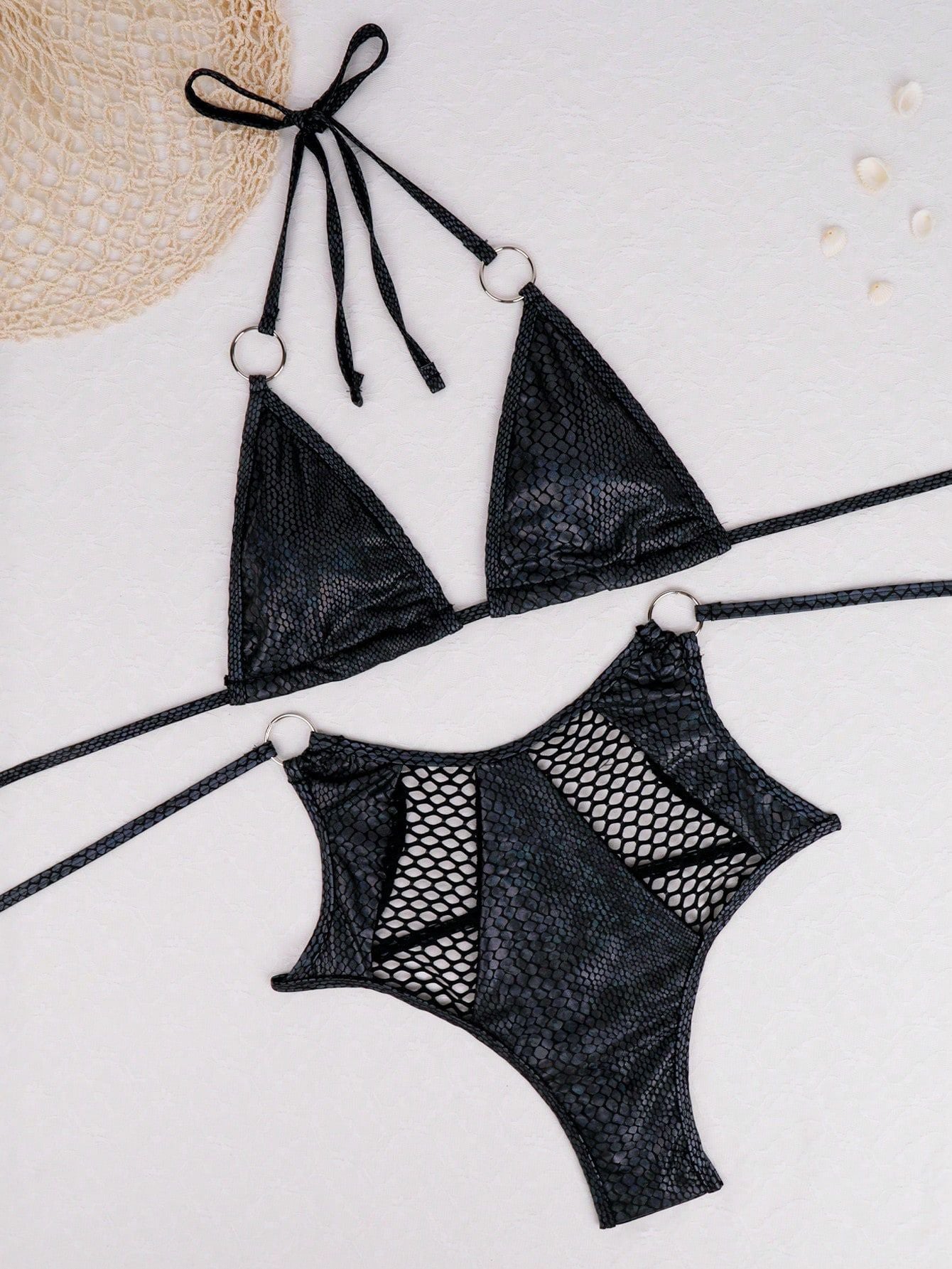 LADIES TWO PIECE PU LEATHER SWIMSUIT BLACK (SIZE S - L)