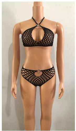 LADIES TWO PIECE FISHNET LINGERIE SET YELLOW / BLACK / WINE RED (FREE SIZE)