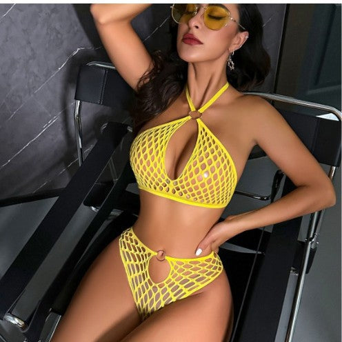 LADIES TWO PIECE FISHNET LINGERIE SET YELLOW / BLACK / WINE RED (FREE SIZE)