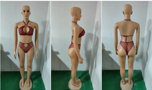 LADIES TWO PIECE FISHNET LINGERIE SET YELLOW / BLACK / WINE RED (FREE SIZE)