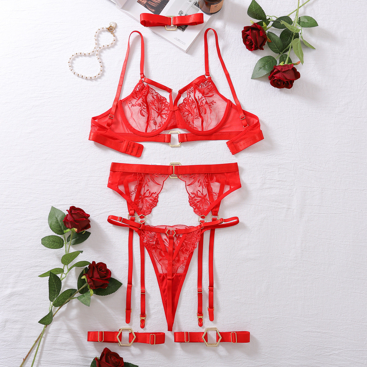 LADIES FIVE PIECE LINGERIE SET RED (SIZE S - L)