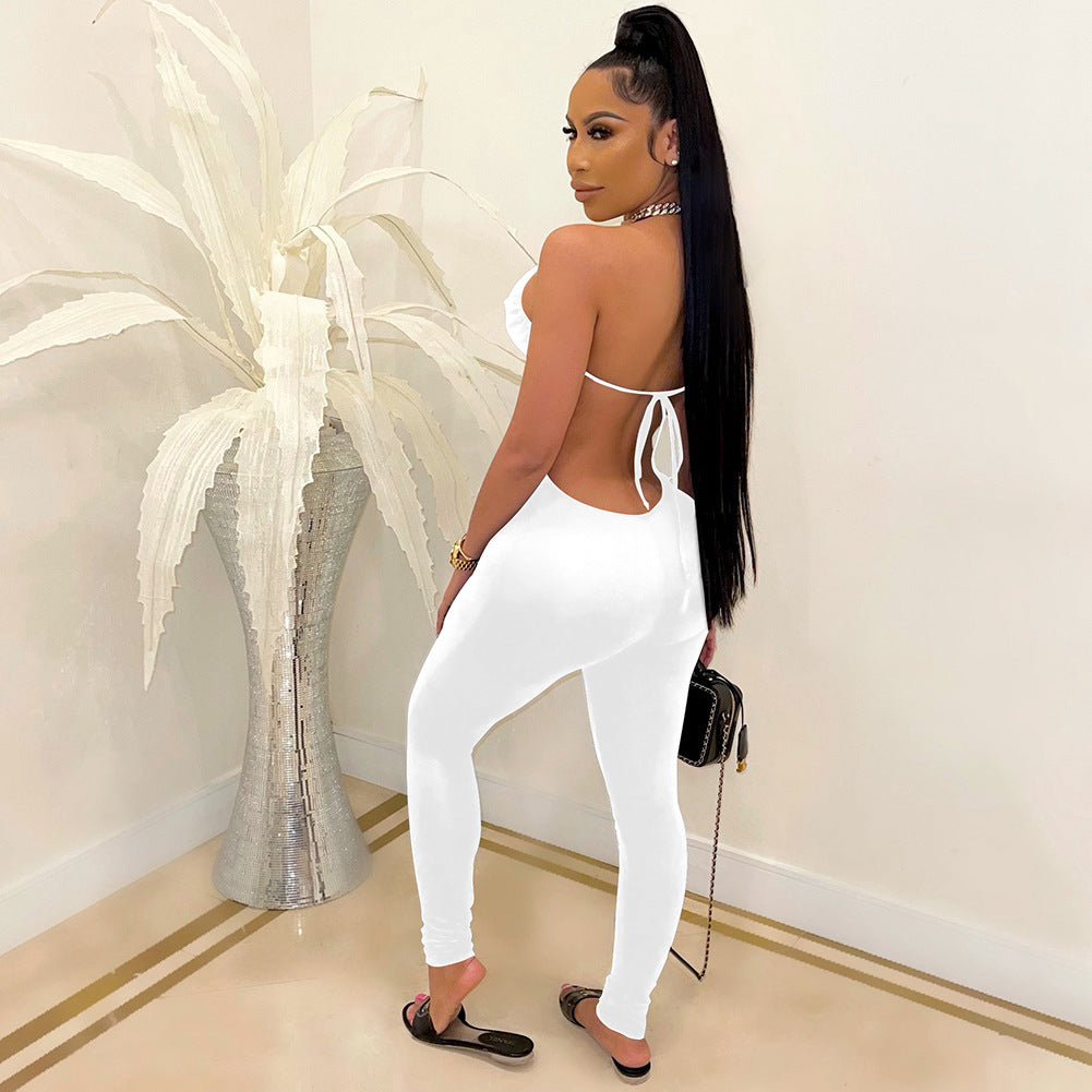LADIES BACKLESS JUMPSUIT WHITE / BLUE (SIZE S - 2XL)