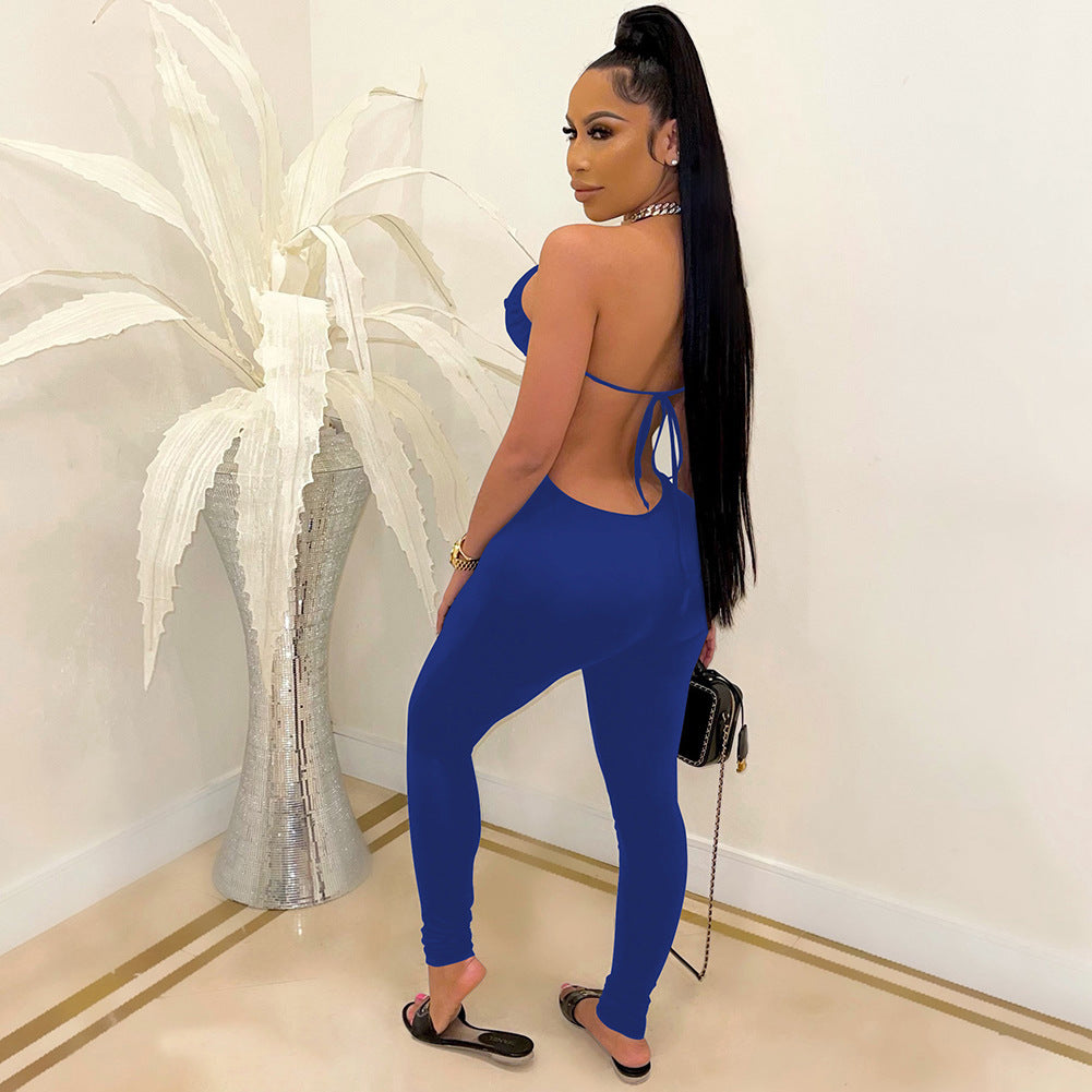 LADIES BACKLESS JUMPSUIT WHITE / BLUE (SIZE S - 2XL)