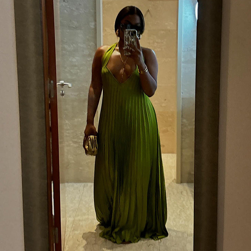 LADIES HALTERNECK V-NECK DRESS GREEN (SIZE S - 2XL)