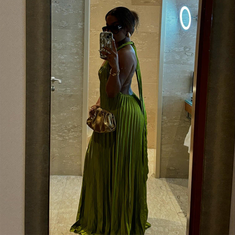 LADIES HALTERNECK V-NECK DRESS GREEN (SIZE S - 2XL)