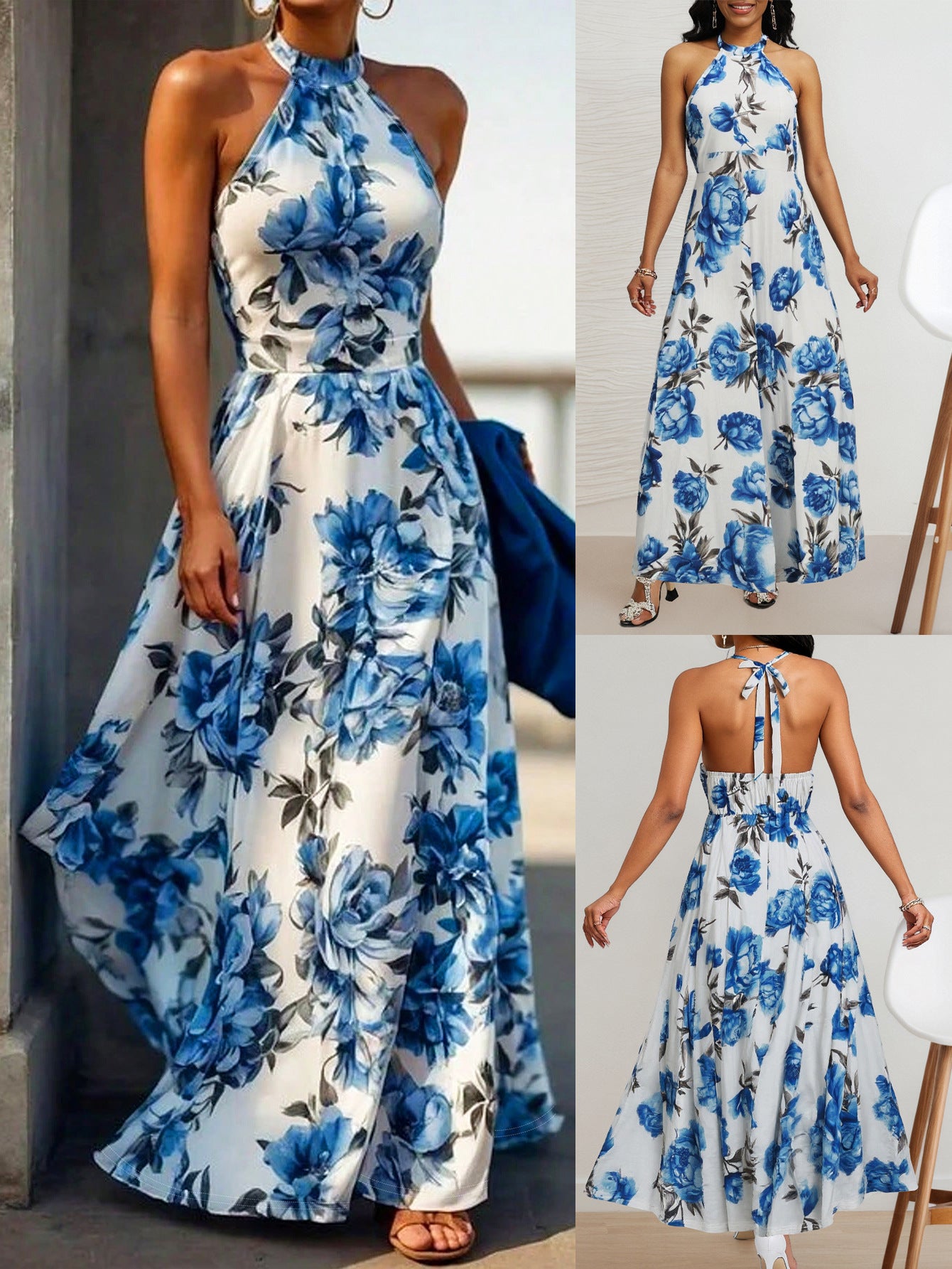 LADIES LONG HALTERNECK DRESS BLUE & WHITE (SIZE S - 2XL)