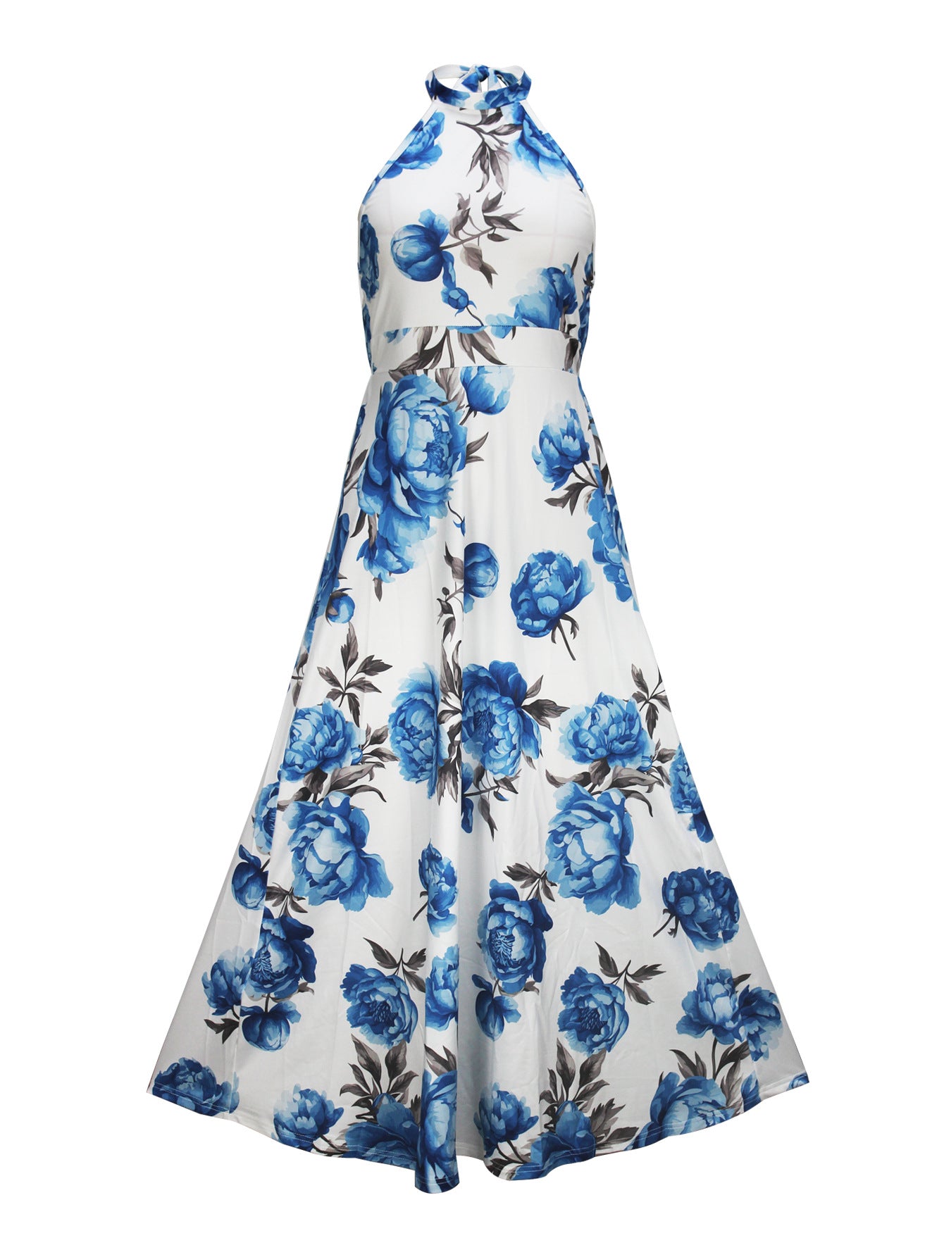 LADIES LONG HALTERNECK DRESS BLUE & WHITE (SIZE S - 2XL)