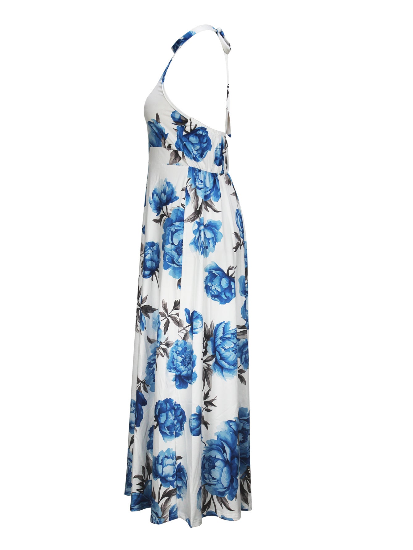 LADIES LONG HALTERNECK DRESS BLUE & WHITE (SIZE S - 2XL)