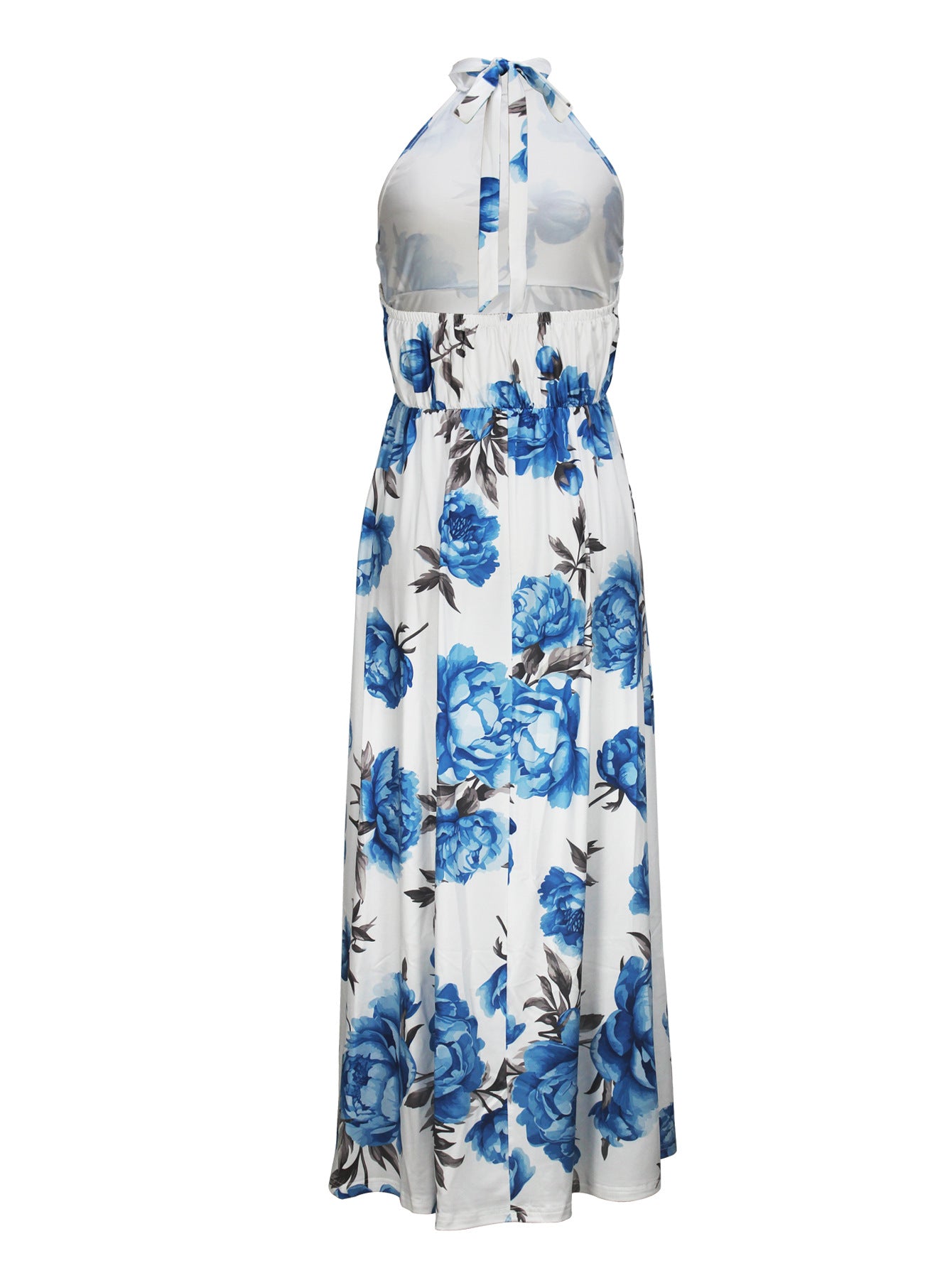 LADIES LONG HALTERNECK DRESS BLUE & WHITE (SIZE S - 2XL)