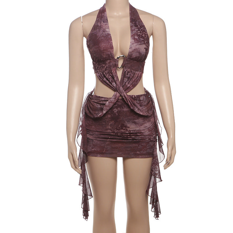 LADIES HALTERNECK MINI DRESS COFFEE FLORAL / BROWN (SIZE S - L)