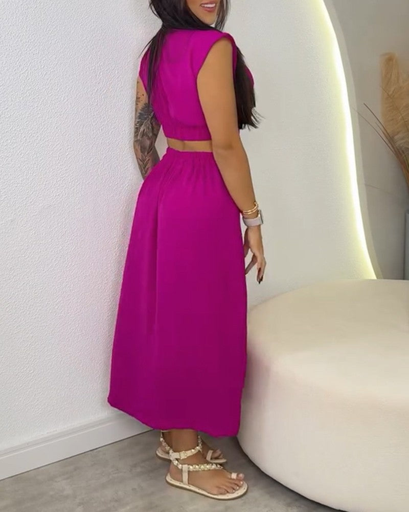 LADIES CUT OUT MIDI DRESS DARK PINK / BLACK / APRICOT-BEIGE (SIZE S - 2XL)