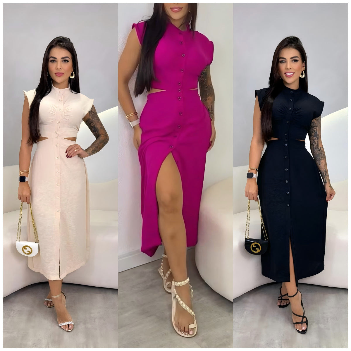LADIES CUT OUT MIDI DRESS DARK PINK / BLACK / APRICOT-BEIGE (SIZE S - 2XL)