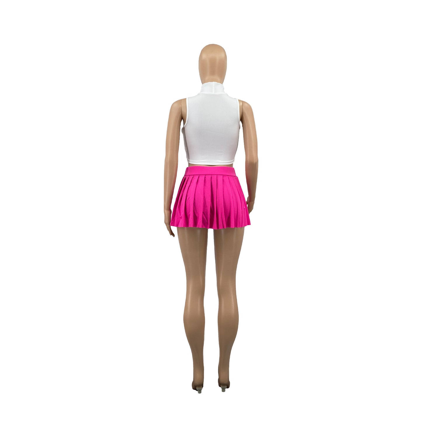 LADIES SHORT PLEATED MINI SKIRT PINK / BLACK (SIZES: S - L)