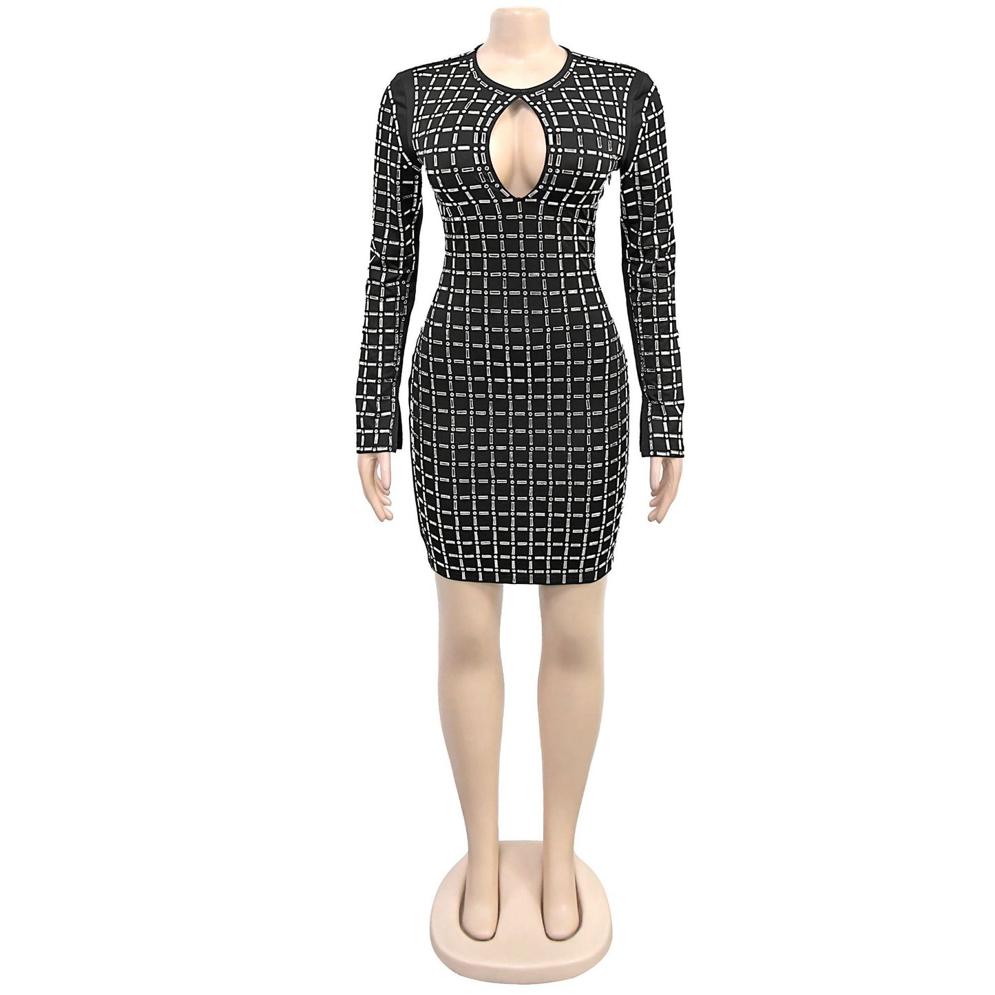 LADIES LONG SLEEVE MINI DRESS BLACK / APRICOT-BEIGE (SIZE S - 2XL)