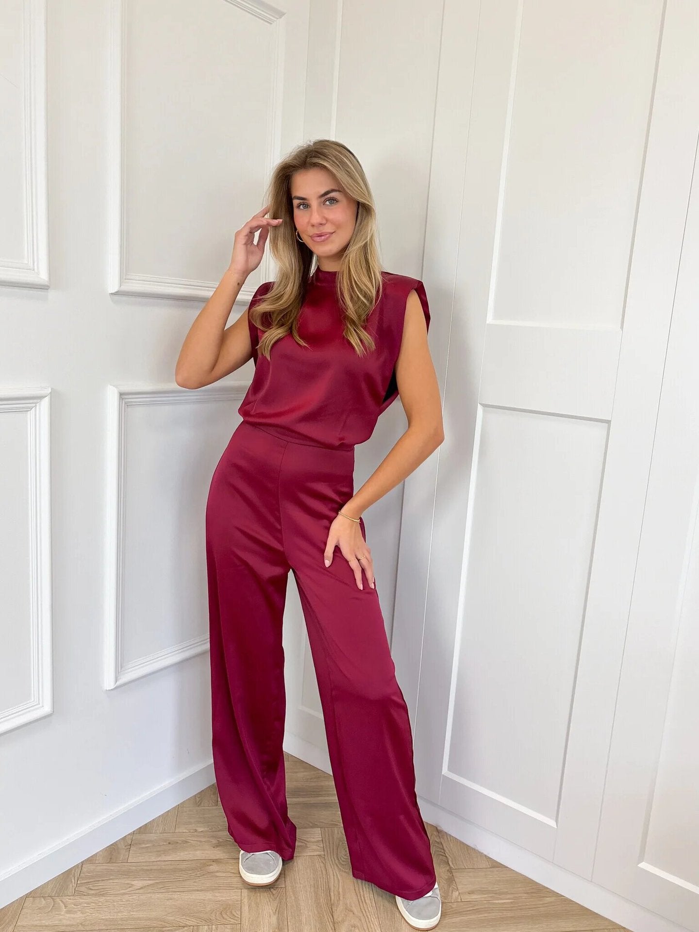 LADIES OPEN BACK WIDE LEG JUMPSUIT APRICOT-BEIGE / WINE RED / NAVY BLUE / BLACK / PINK (SIZE XS - XL)