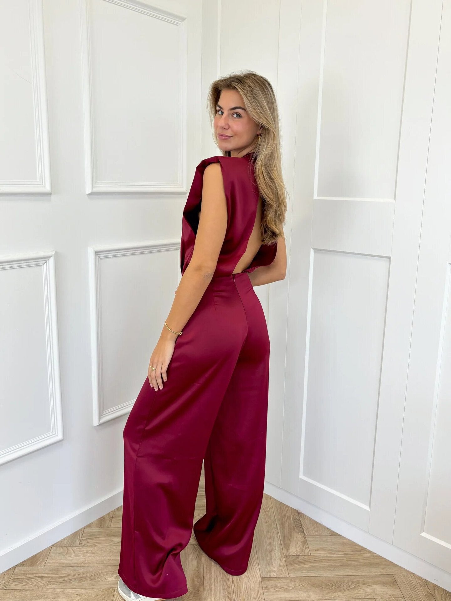 LADIES OPEN BACK WIDE LEG JUMPSUIT APRICOT-BEIGE / WINE RED / NAVY BLUE / BLACK / PINK (SIZE XS - XL)