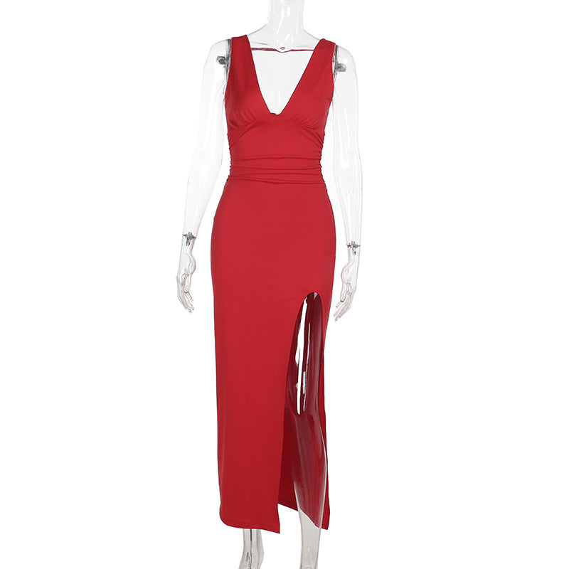 LADIES SLEEVELESS LONG DRESS RED / YELLOW / BLACK (SIZE S - L)